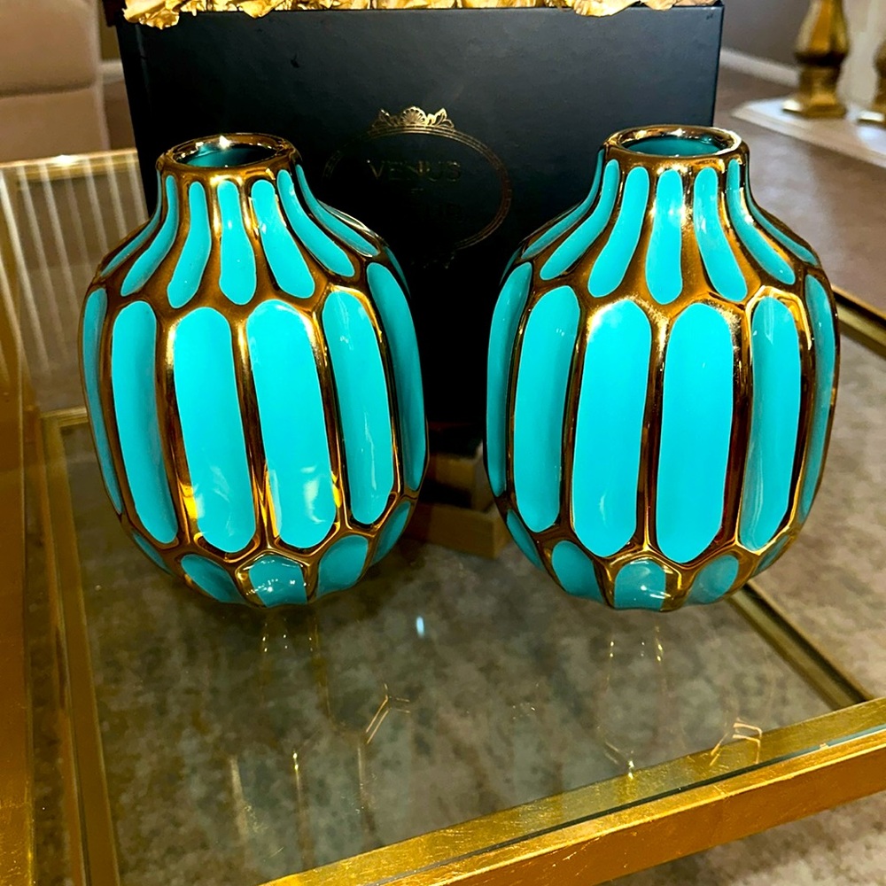 Set of Teal and Gold vases BRAND NEW!